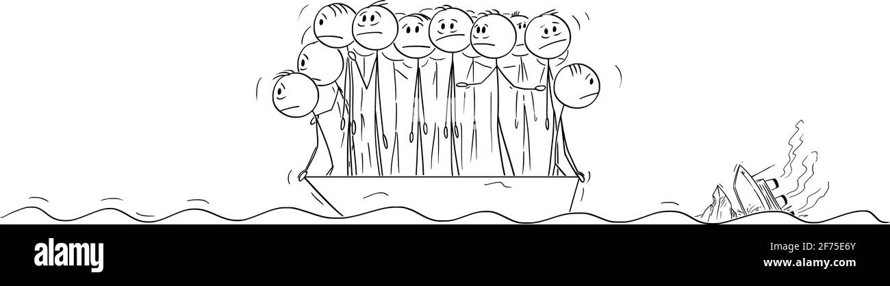 Gruppe von Menschen oder Geschäftsleuten, die hilflos auf dem kleinen Rettungsboot stehen, Ocean Ship sinkt auf dem Hintergrund. Vektor Cartoon Stick Abbildung Stock Vektor