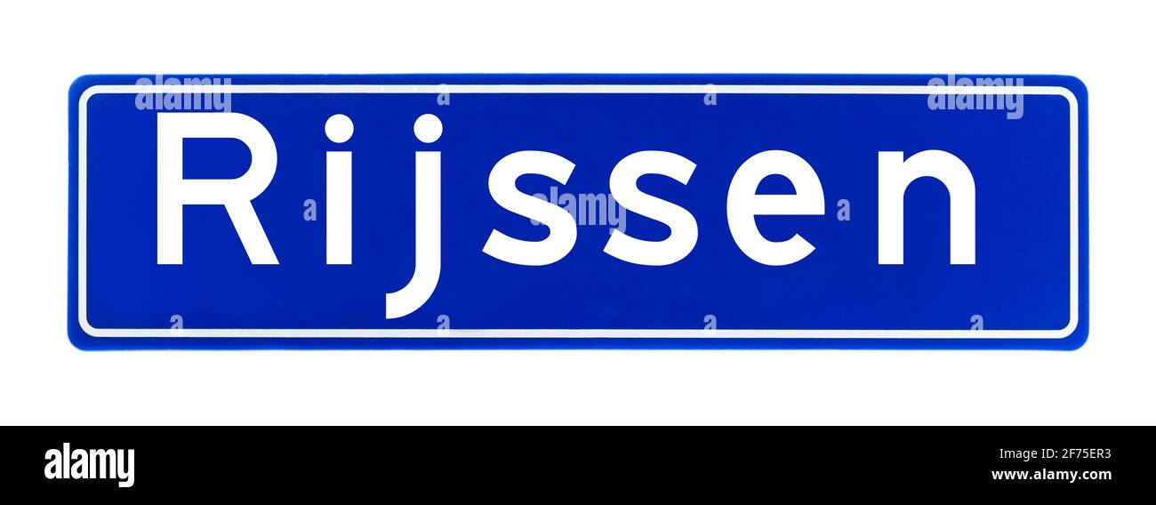 Stadtgrenze Zeichen von Rijssen, die Niederlande isoliert auf weißem Hintergrund Stockfoto