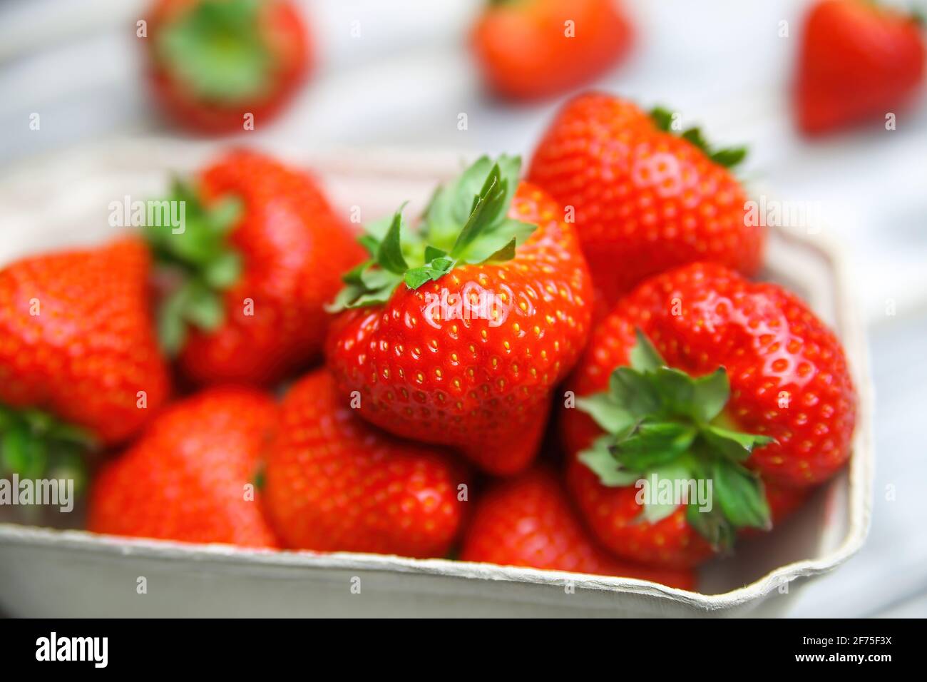 Nahaufnahme von isolierten reifen frischen Erdbeeren vom deutschen Bauernmarkt In Pappkarton auf weißem Holztisch Stockfoto