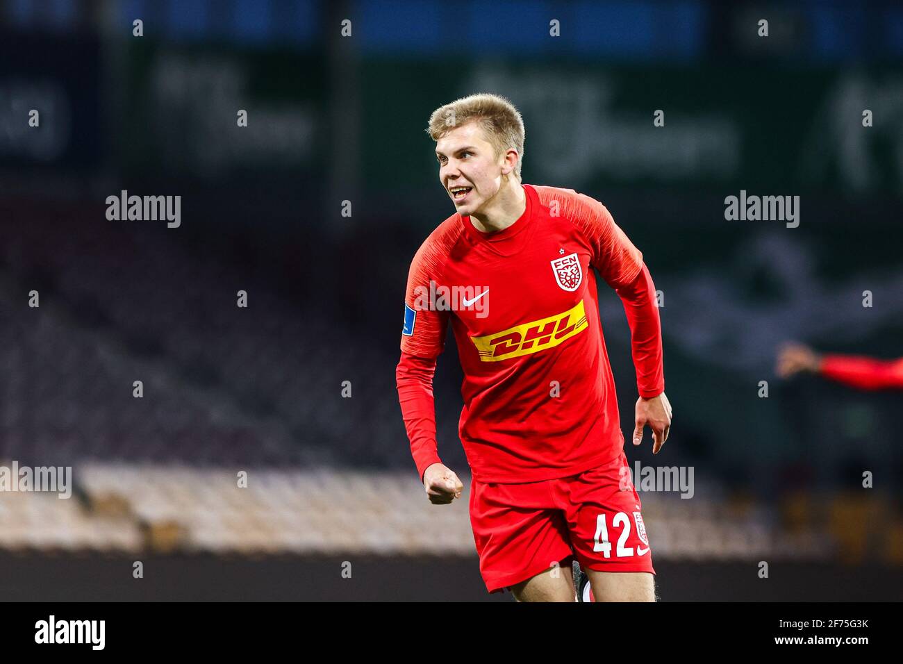 Farum, Dänemark. April 2021. Oliver Antman (42) vom FC Nordsjaelland punktet und feiert beim 3F Superliga-Spiel zwischen FC Nordsjaelland und Aarhus GF in Right to Dream Park in Farum. (Foto: Gonzales Photo – Dejan Obretkovic). Stockfoto