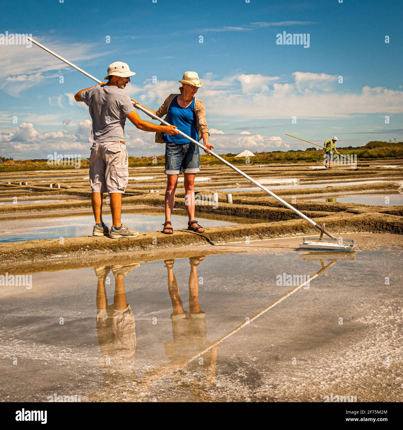 Bretagne Guerande Paludier (Salzbauer): Matthieu erklärt der Reporterin Angela Berg, wie der Fleur de Sel geerntet wird Stockfoto