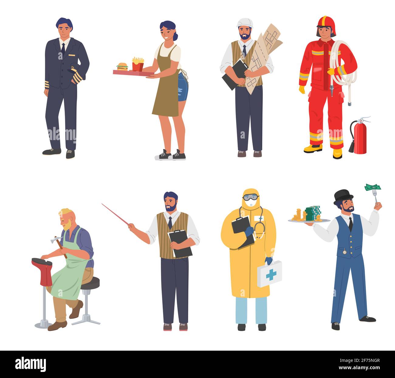Menschen in verschiedenen Berufen und Berufen, Arbeiter in Uniform, Zeichentrickfilm-Zeichensatz, flache Vektor-Illustration. Stock Vektor