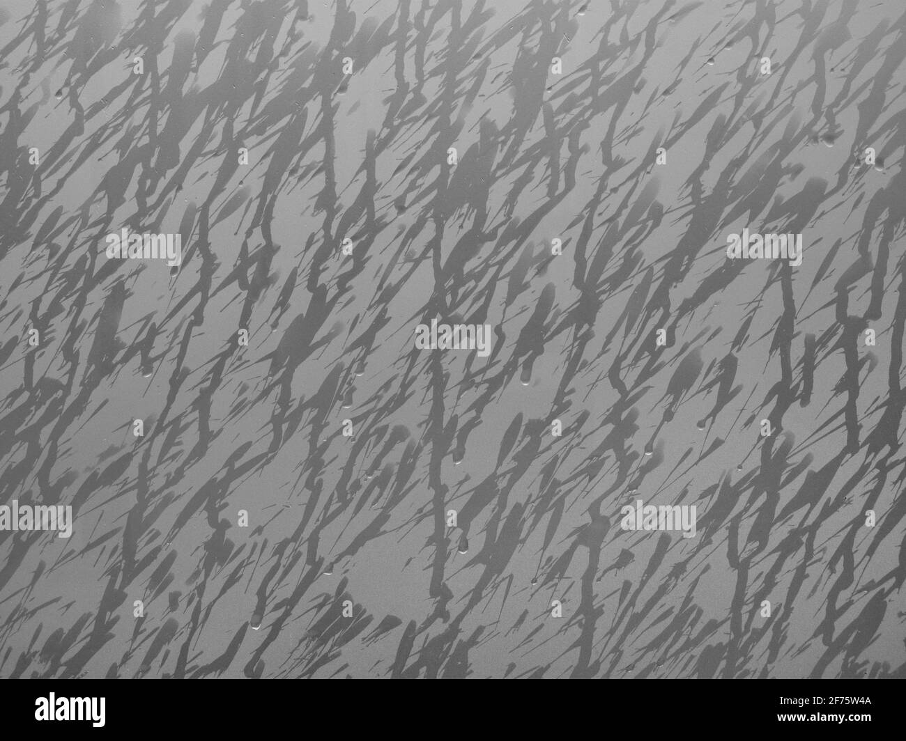 Viele Regentropfen fallen auf Milchglas und bilden Spuren. Vollformat-Hintergrund. Stockfoto