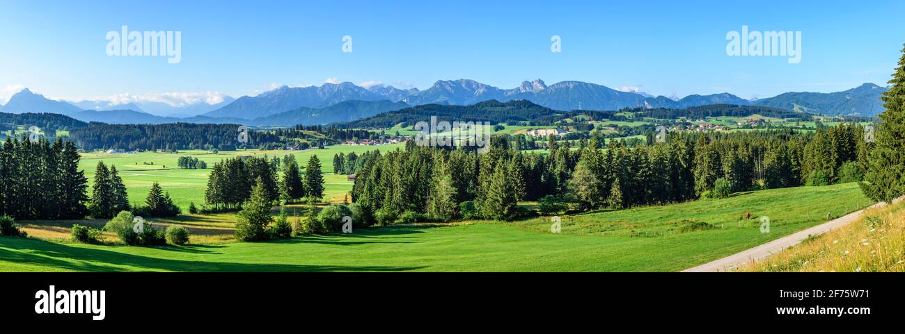 Idyllischer Blick Landschaft im Bayerischen Alpenvorland im östlichen Allgäu Sommer Stockfoto
