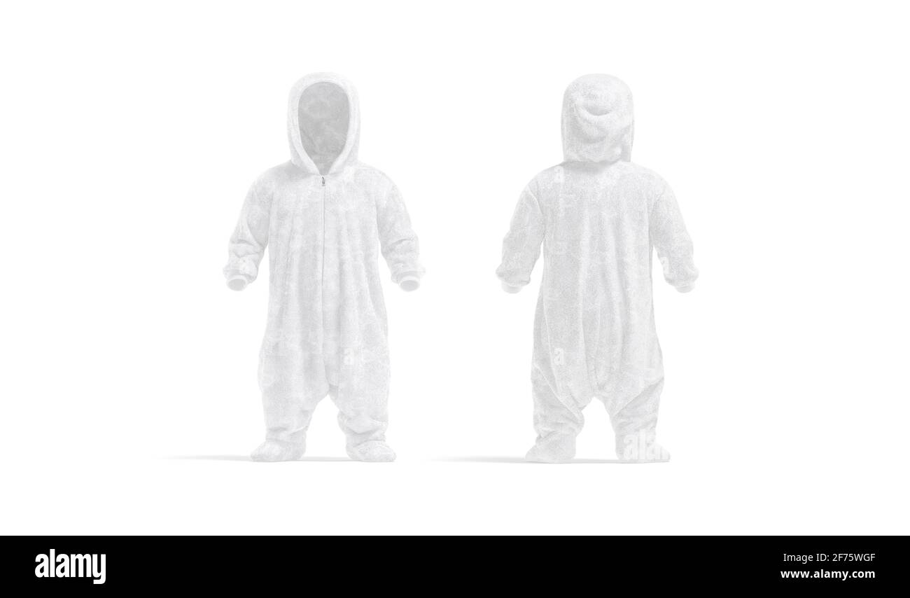 Blank weißer Jumpsuit aus Plüsch-Kid-Plüsch-Mockup, Vorder- und Rückansicht Stockfoto