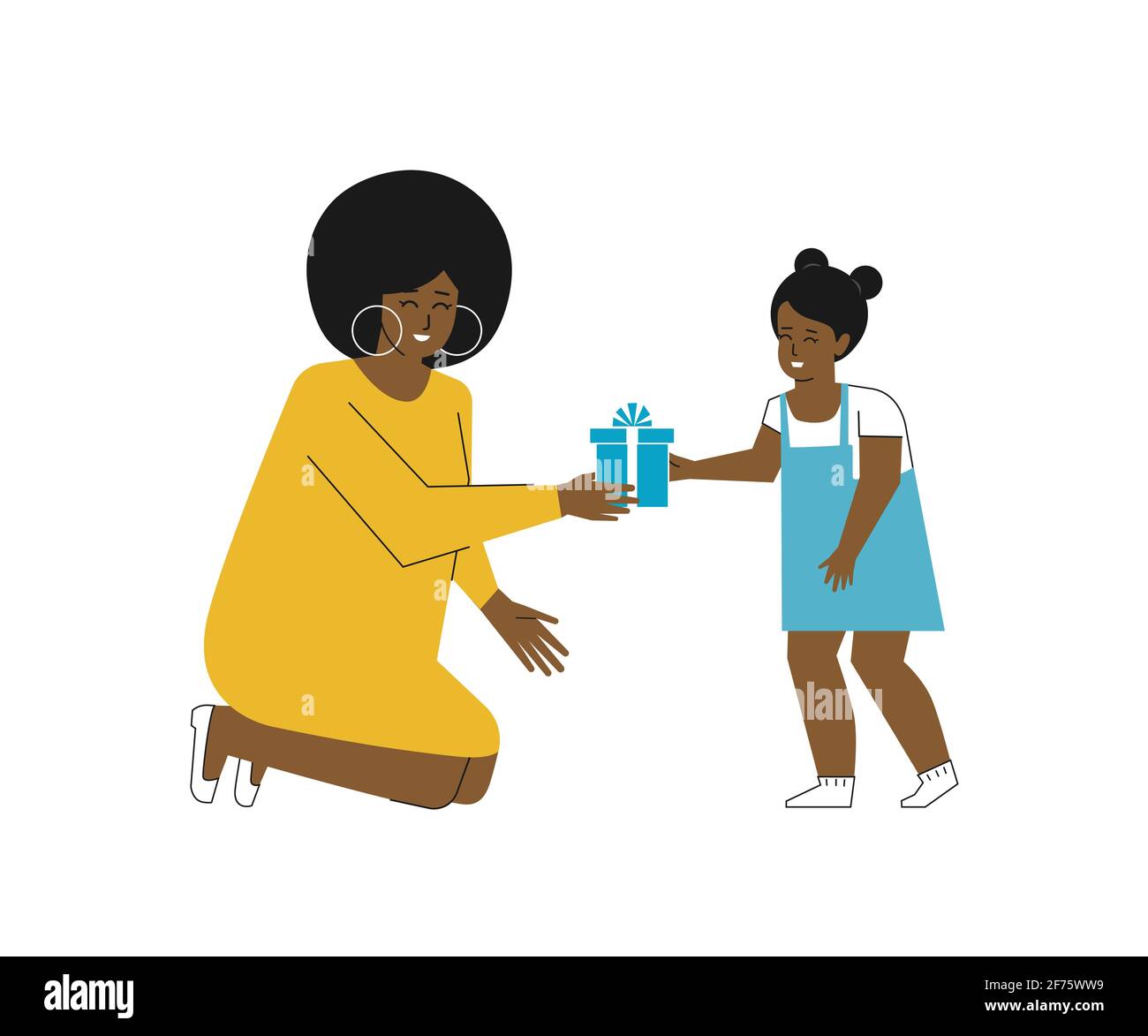 Vektorgrafik flache Illustration über Alles Gute zum Geburtstag. Cartoon african american Frau gibt Geschenk zu niedlichen kleinen Mädchen. Mama hockt, Tochter lächelt Stock Vektor