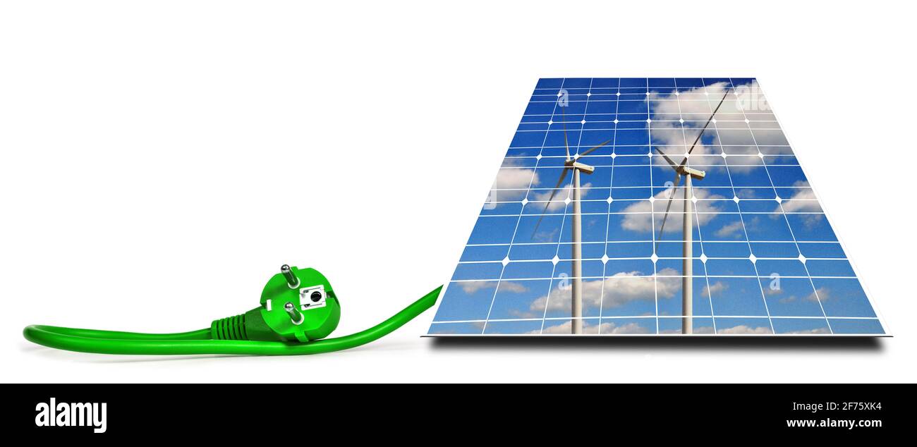 Windturbinen Reflexion in Solarpanel mit grünen elektrischen Stecker isoliert auf weißem Hintergrund. Konzept für saubere Energie. Stockfoto