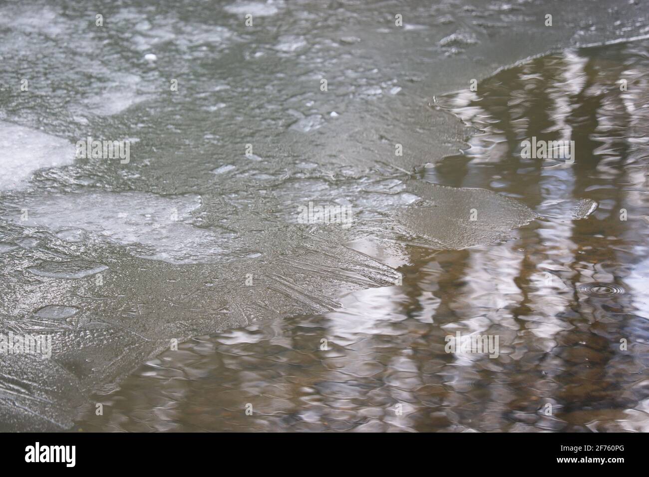 Eisschmelze auf dem Fluss. Eiskante am Ufer, Auftauen, frühe Frühjahrssaison Stockfoto