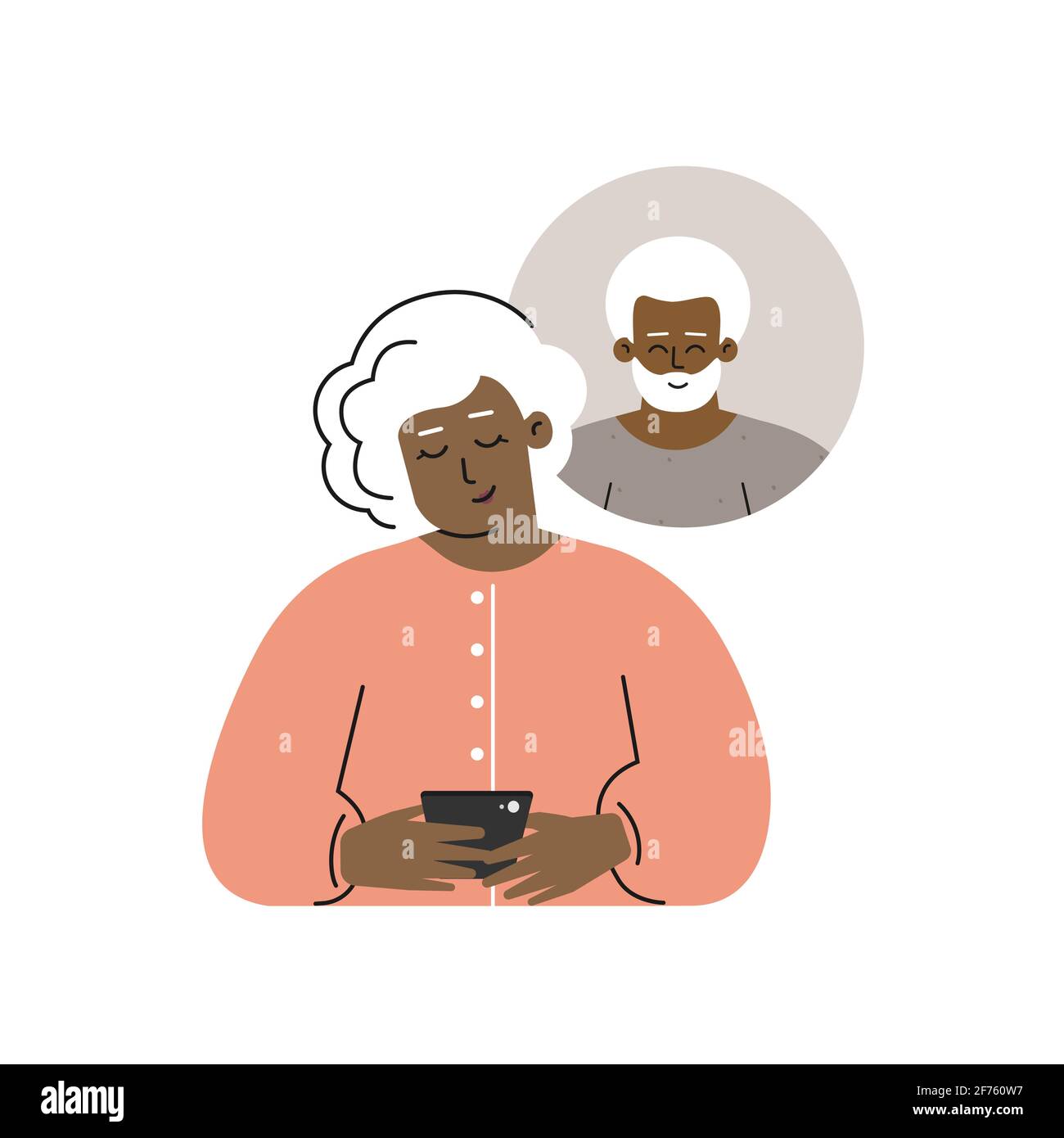 Vektor-isoliertes flaches Konzept. Eine ältere afroamerikanische Frau sendet eine SMS per Telefon an seinen älteren Freund. Online-Dating und Beziehung auf dem Handy Stock Vektor