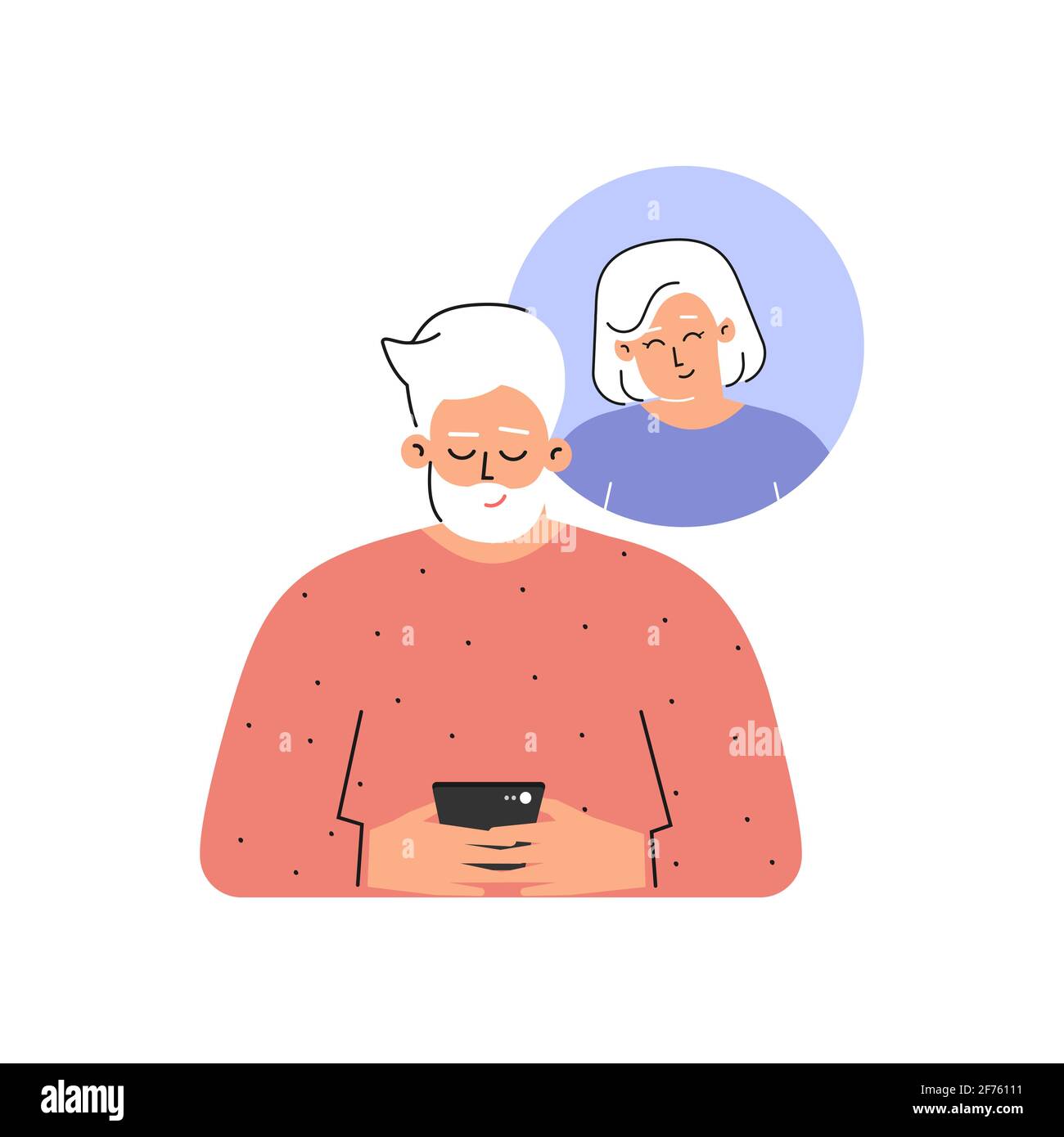 Vektor-isoliertes flaches Konzept. Zeichentrickfiguren. Kaukasischer älterer Mann sendet seiner älteren Freundin eine SMS am Telefon. Mobile App für Online-Dating Stock Vektor