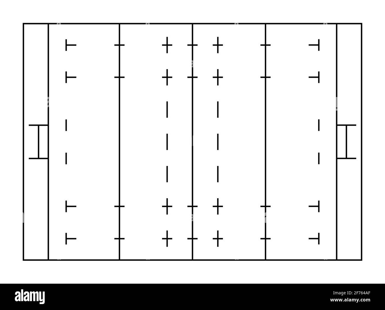 rugby-Sportplatz Markierungen Linien. Skizzieren Rugby Spielplatz Draufsicht. Sportplatz für aktive Erholung. Vektor Stock Vektor