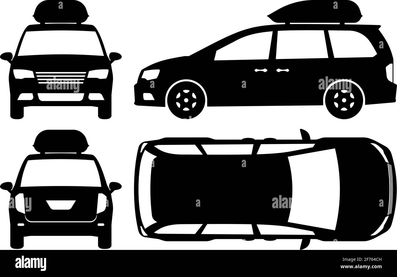 Minivan Silhouette auf weißem Hintergrund. Fahrzeugsymbole stellen die Ansicht von der Seite, von vorne, von hinten und von oben ein Stock Vektor