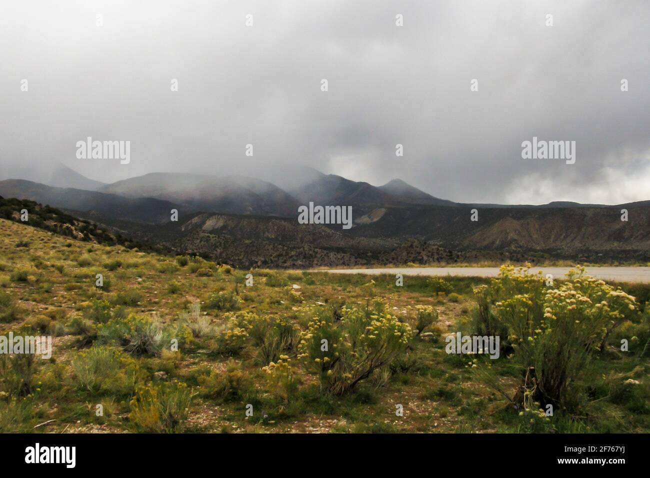 Schneewolken umhüllen die fernen Gipfel der La Sal Mountains in Utah, USA Stockfoto