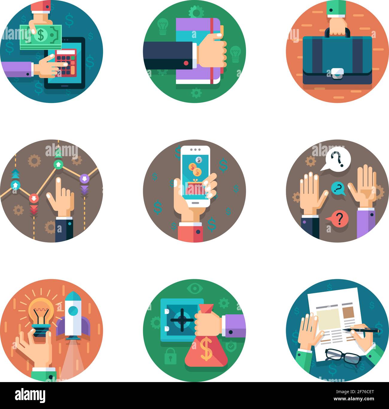 Business und Finanzen Icon Set Collection in flacher Optik. Vektorgrafik. Stock Vektor