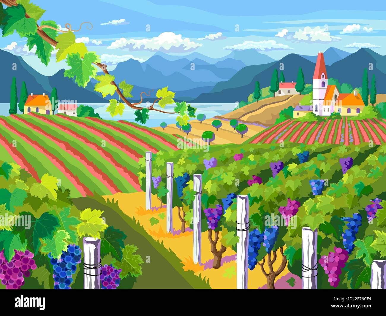 Ländliche Landschaft mit Weinberg, Feldern, Berg- und Meerpanorama. Stock Vektor