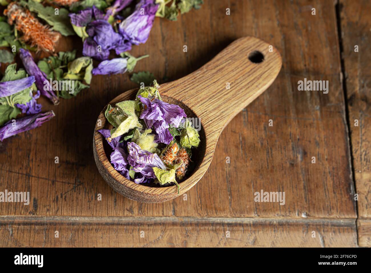 Hustentee in einem Holzlöffel- Thymian, grüner Anise, gemahlener Efeu, Kiefernknospen, Malvenblüten auf einem Holzgrund Stockfoto