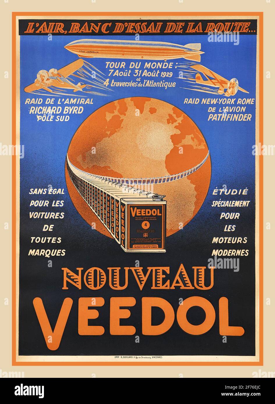 Veedol Motor Oil aus den 1920er Jahren Antike französische Werbung 'NOVEAU VEEDOL' für alle Autos und 'moderne moteurs' Flugzeuge & Graf Zeppelin Air Ship France Stockfoto