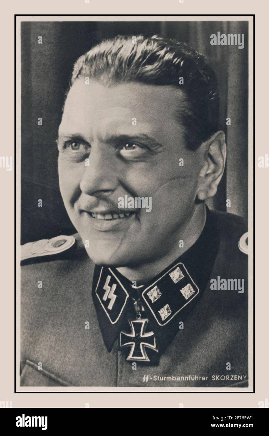 SKORZENY 2. Weltkrieg Porträt des Ritterkreuzträgers / Ritterkreuzsiegers Otto Skorzeny, des berühmten SS-Kommandos aus dem Zweiten Weltkrieg, der die Bergrettung von Mussolini sowie die Infiltration der alliierten Streitkräfte vor der Schlacht von The Bulge anführte. Er soll auch an der „Untergrundbahn“ nach dem Zweiten Weltkrieg beteiligt gewesen sein, die SS-Männer nach Südamerika geschifft hat, und es wird behauptet, möglicherweise Operationen der Organisation Odessa geleitet zu haben, Stockfoto