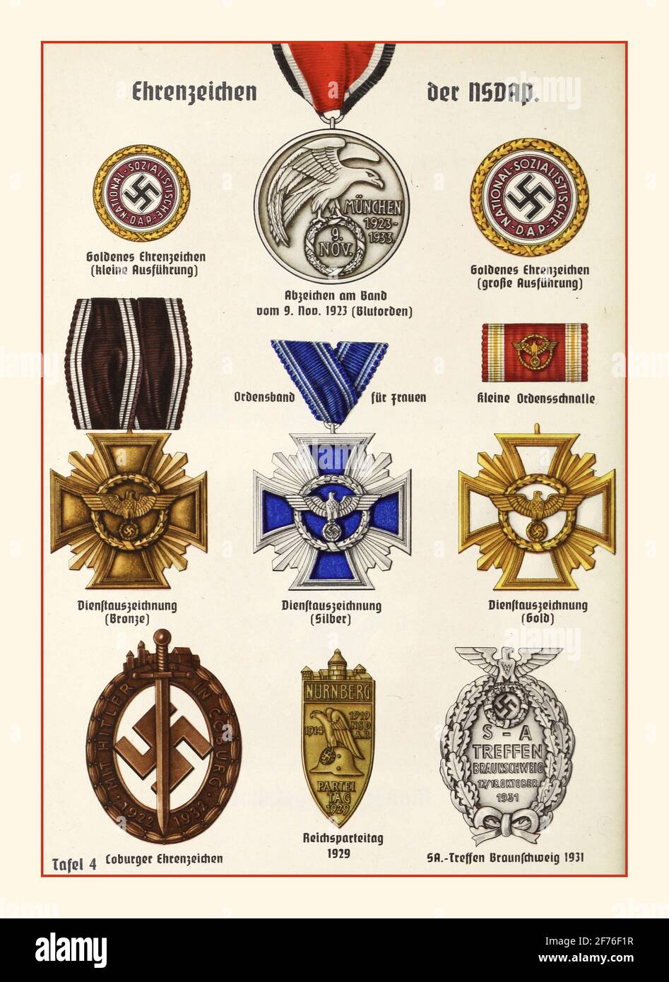 VINTAGE NAZI AWARDS MEDAILLEN ORDEN DER NSDAP 1943: Ehrenzeichen der NSDAP. Goldenes Ehrenzeichen (kleine Ausfürhung) 24; Zeichen am Band vom 9. Nov. 1923 (Blutorden); Goldenes Zeichen (große Ausführung) Dienstauszeichnung (Bronze, Silber und Gold); Ordensband für Frauen; kleine Ordenschnalle (kleines Medaillenband) Coburger Ehrenzeichen (Cobsparteitag); Reichsparteitag 1929. November 30.5 (Blutorden); Goldenes Parteiabzeichen (große Version mm zum Tragen auf Dienstuniformen Stockfoto