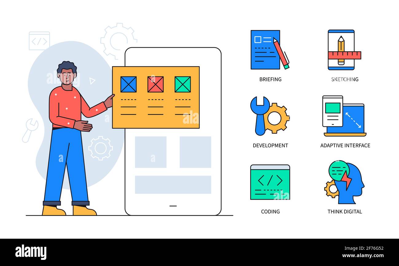Web-Entwicklung - Bunte flache Design-Stil Poster mit thematischen Symbolen. Eine Komposition mit einem Programmierer, der eine Webseite hält. Briefing, Skizzieren, Anpassen Stock Vektor