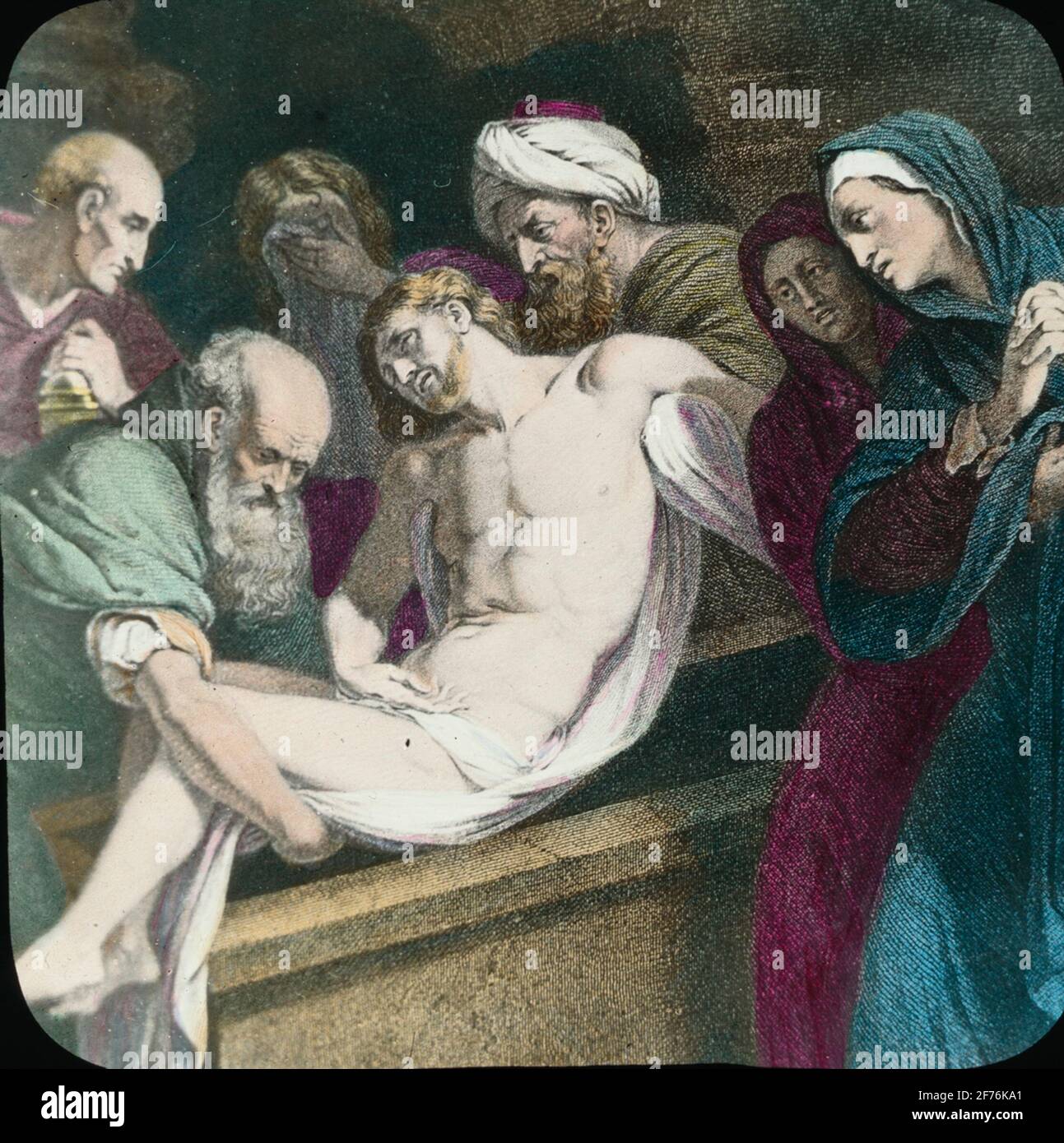 Farbige skiolet Symbol Bild mit religiösen Thema. Jesus, als er vom Kreuz genommen wurde. Stockfoto