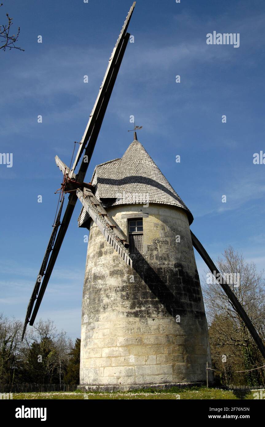 DIE MITTELALTERLICHE DORFBURG UND WINDMÜHLE VON LA TOUR BLANCHE IN DER DORDOGNE AQUITAINE FRANKREICH © FRÉDÉRIC BEAUMONT Stockfoto