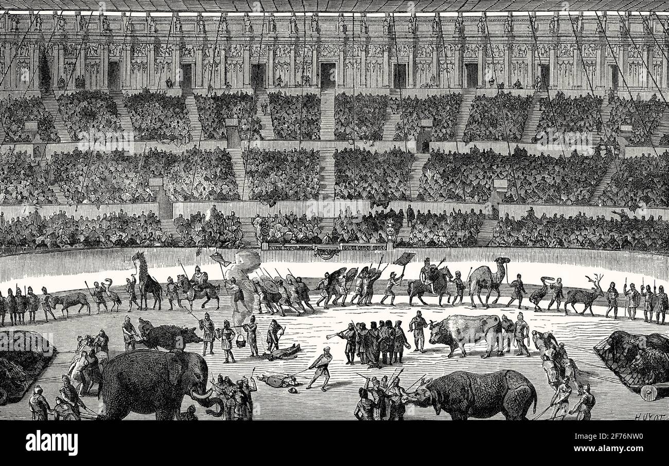 Gladiatoren kämpfen Tiere, Rekonstruktion des Amphitheaters von Pompeji, 1. Jahrhundert Stockfoto