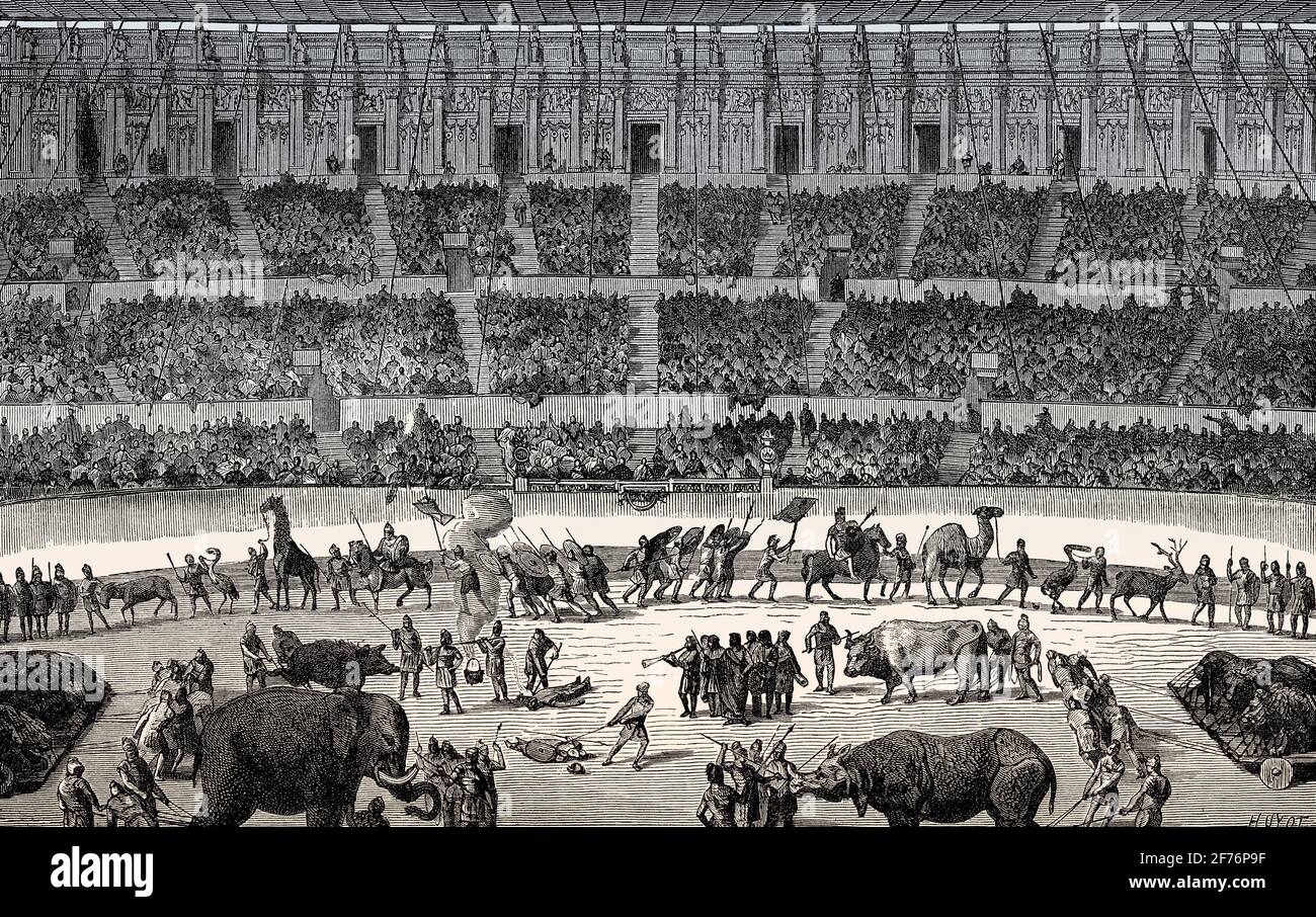Gladiatoren kämpfen Tiere, Rekonstruktion des Amphitheaters von Pompeji, 1. Jahrhundert Stockfoto