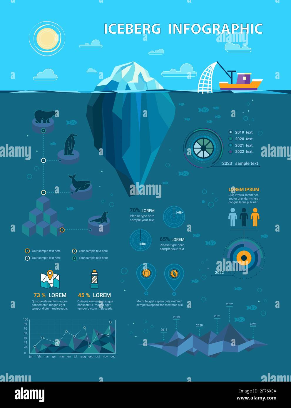 Vektor-Iceberg-Infografiken im flachen Stil. Enthalten sind Elemente wie Grafiken, Symbole und mehr. Unterwasser-Infografiken Stock Vektor