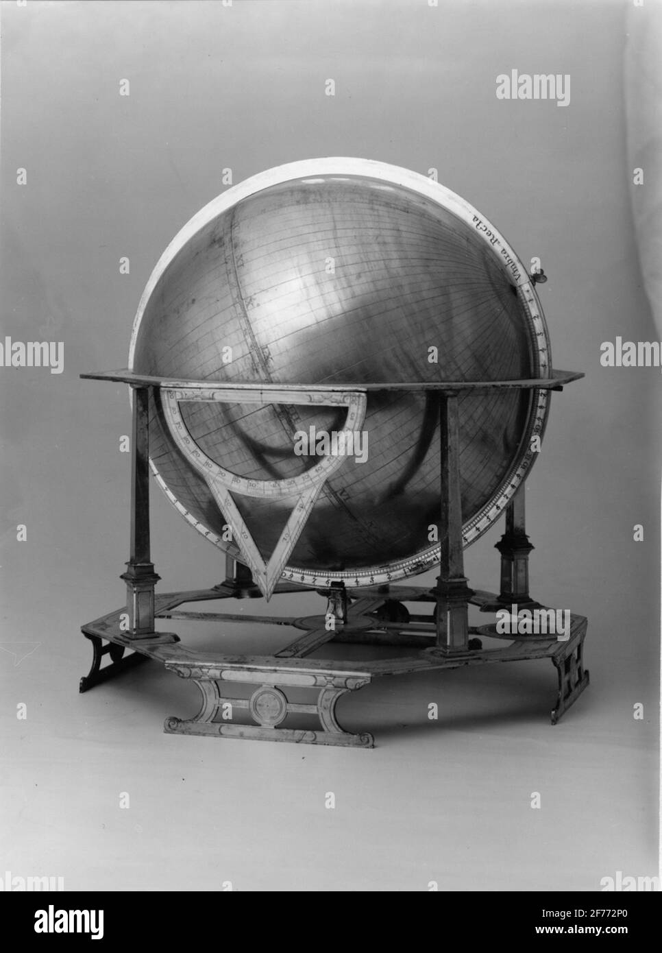 Erasmus habermel. Globus. Im Royal. Haushaltskammer, Queen Christina Ausstellung 1966. Glob, turily für die Berechnung trigonometrischer Funktionen. Stockfoto