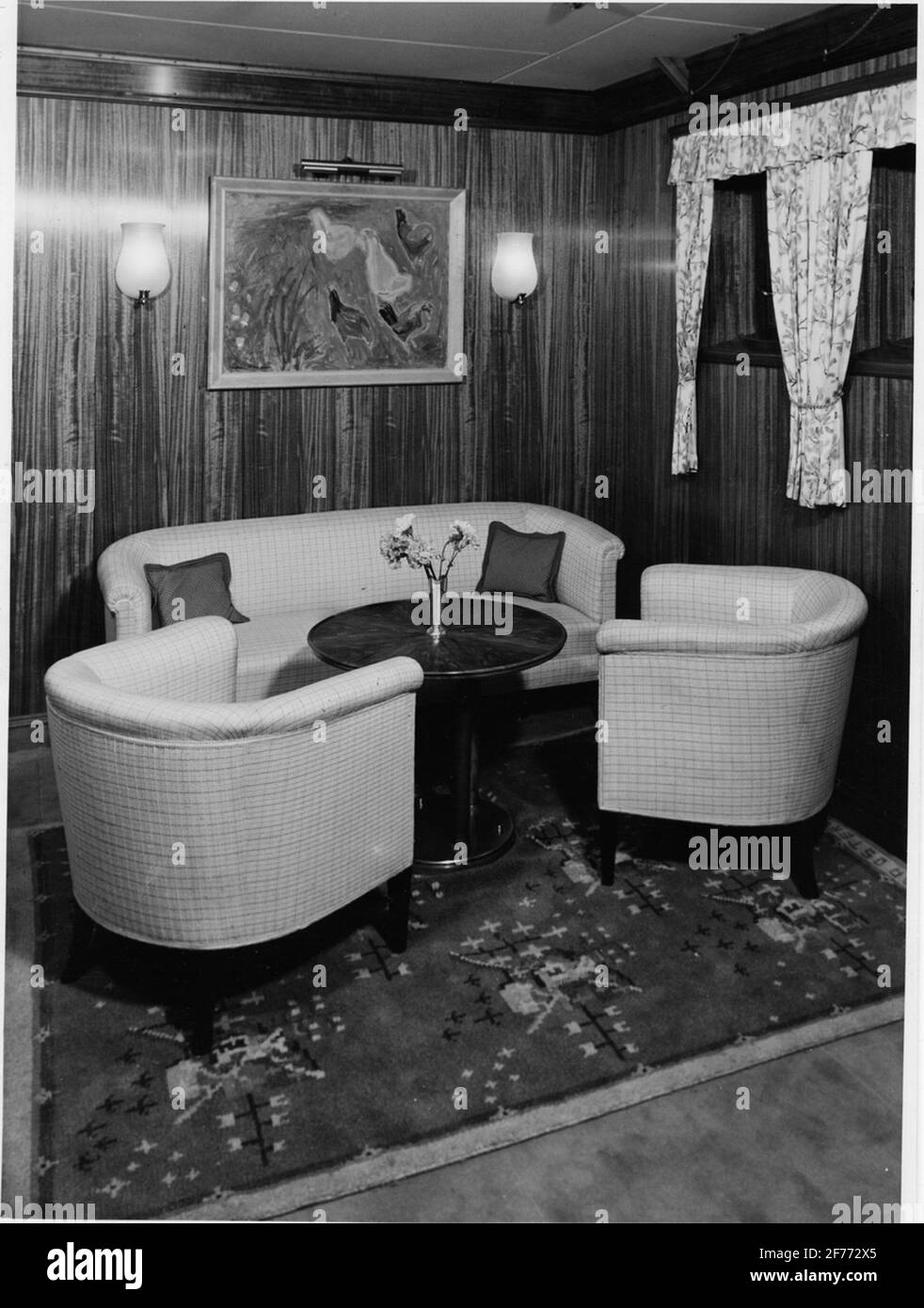 Luxuriöser Lighterhood Salon an Bord des Schiffes Stella Polarism bei der Swedish America Lini. Die Fußmatte auf dem Boden wird von Agda in Göteborg hergestellt. Stockfoto