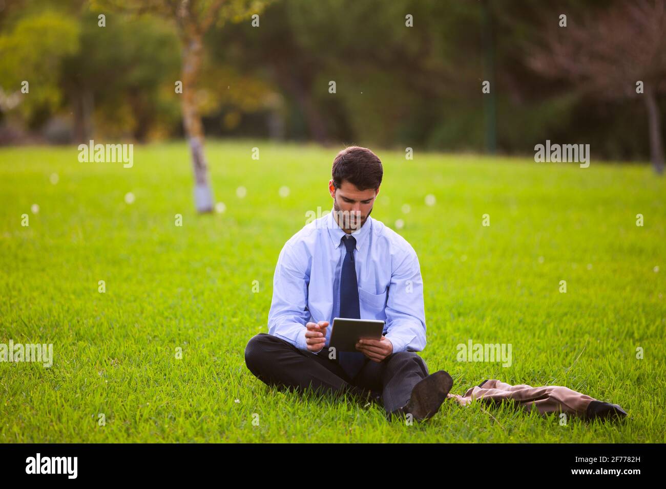 Geschäftsmann mit einem digitalen Tablet im Stadtpark Stockfoto
