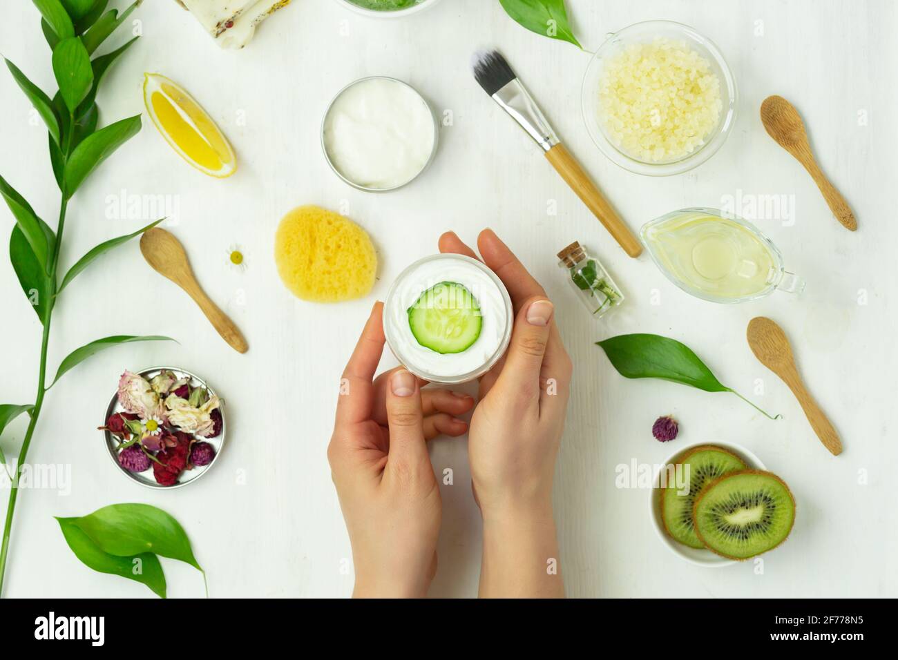 Handgemachte Creme mit organischen natürlichen Zutaten wie Kräuter, Blumen, Zitrone, Öl Frau Hände Stockfoto