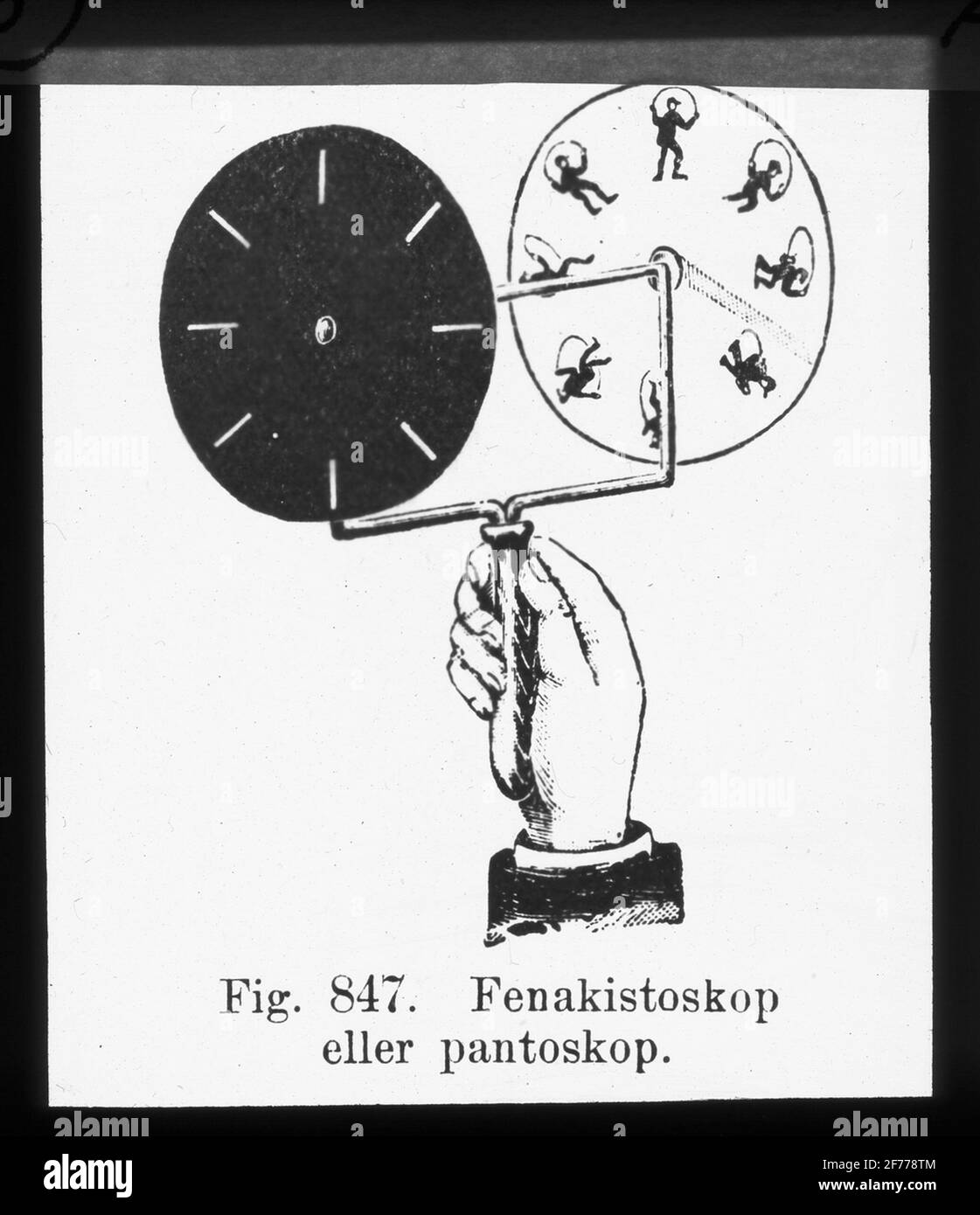 Skiopticon-Bild aus der Abteilung für Fotografie am Royal Institute of Technology. Verwendung durch Professor Helmer Bäckström als Vorlesungsmaterial. Bäckström war Schwedens erster Professor für Fotografie am Royal Institute of Technology in Stockholm 1948-1958.Bericht über das Phenakistoskop oder Pantoskop. Früh betrachtende Spielzeug für die Entwicklung der Illusion von Bewegung. Stockfoto