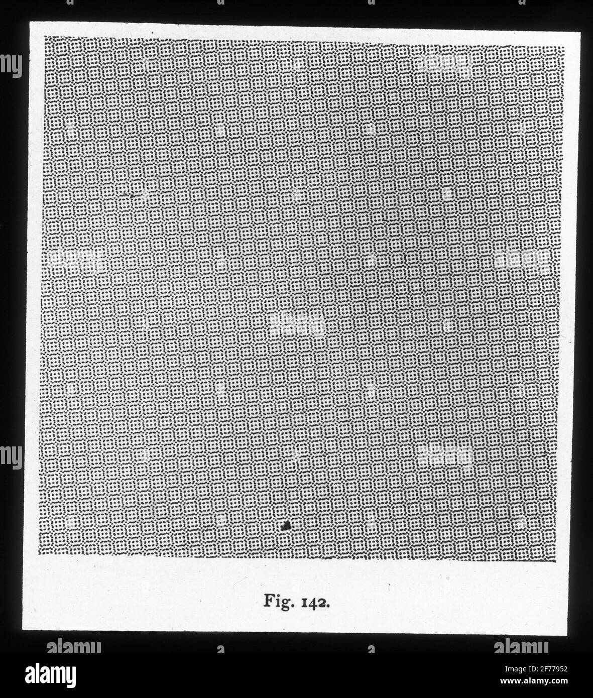 Skiopticon-Bild aus der Abteilung für Fotografie am Royal Institute of Technology. Verwendung durch Professor Helmer Bäckström als Vorlesungsmaterial. Bäckström war Schwedens erster Professor für Fotografie am Royal Institute of Technology in Stockholm 1948-1958.Moiré (Interferenzmuster) bei Farbdruck bei einem 15o-Winkel zwischen Rastermodi. Für weitere Informationen siehe: Bäckström, Helmer. Fotografisches Handbuch. Natur und Kultur. Stockholm. 1942. S. 1202-1203. Stockfoto