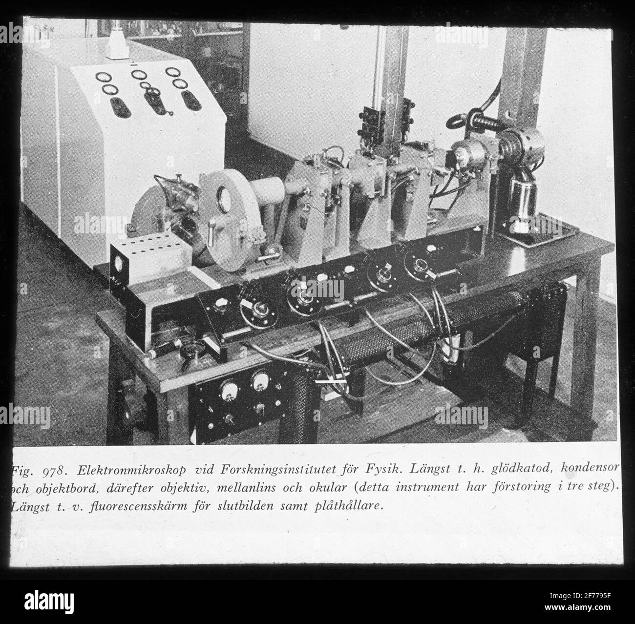 Skiopticon-Bild aus der Abteilung für Fotografie am Royal Institute of Technology. Verwendung durch Professor Helmer Bäckström als Vorlesungsmaterial. Bäckström war von 1948 bis 1958 Schwedens erster Professor für Fotografie am Royal Institute of Technology in Stockholm.Elektronenmikroskop am Forschungsinstitut für Physik. Ganz rechts an der Glühkathode, dem Kondensator und dem Linsentisch, dann an der Objektiv-, Zwischenlinse und Okularen (dieses Instrument hat eine Vergrößerung in drei Schritten). Ganz links sehen Sie den Fluoreszenzbildschirm für das Endbild und den Plattenhalter.Weitere Informationen finden Sie unter: Bäckström, Helmer. Foto Stockfoto