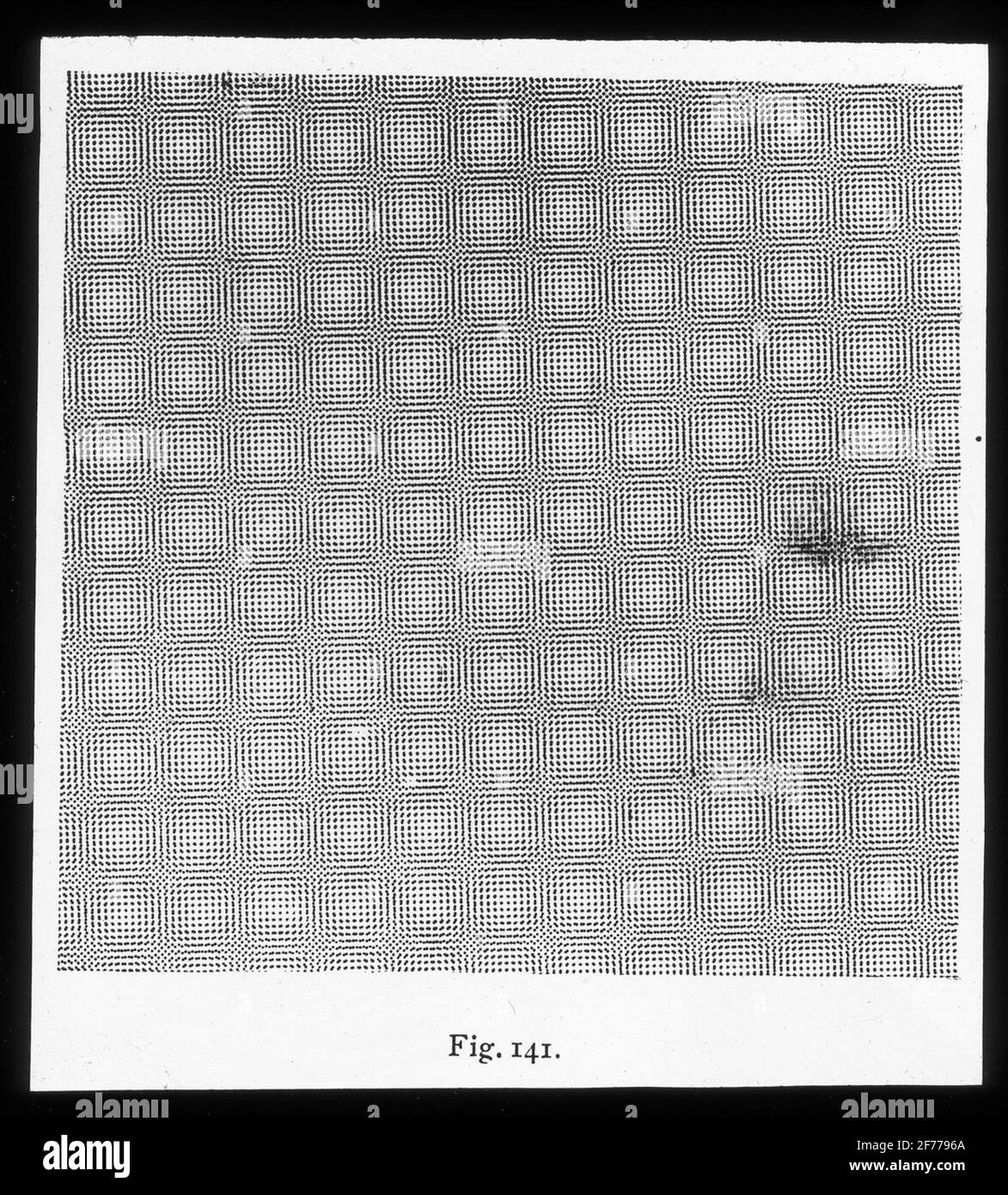 Skiopticon-Bild aus der Abteilung für Fotografie am Royal Institute of Technology. Verwendung durch Professor Helmer Bäckström als Vorlesungsmaterial. Bäckström war Schwedens erster Professor für Fotografie am Royal Institute of Technology in Stockholm 1948-1958.Moiré (Interferenzmuster) bei Farbdruck bei 5O-Winkel zwischen Rastermodi. Für weitere Informationen siehe: Bäckström, Helmer. Fotografisches Handbuch. Natur und Kultur. Stockholm. 1942. S. 1202-1203. Stockfoto