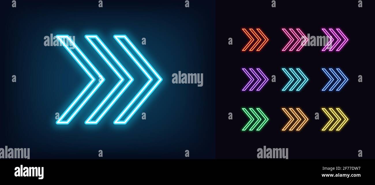 Neonpfeilsymbol. Leuchtende Neon Swipe up-Zeichen, Umriss Pfeil Zeiger Silhouette in lebendigen Farben. Pfeilspitze und Cursor-Navigation, Bewegungsrichtung, Mo Stock Vektor