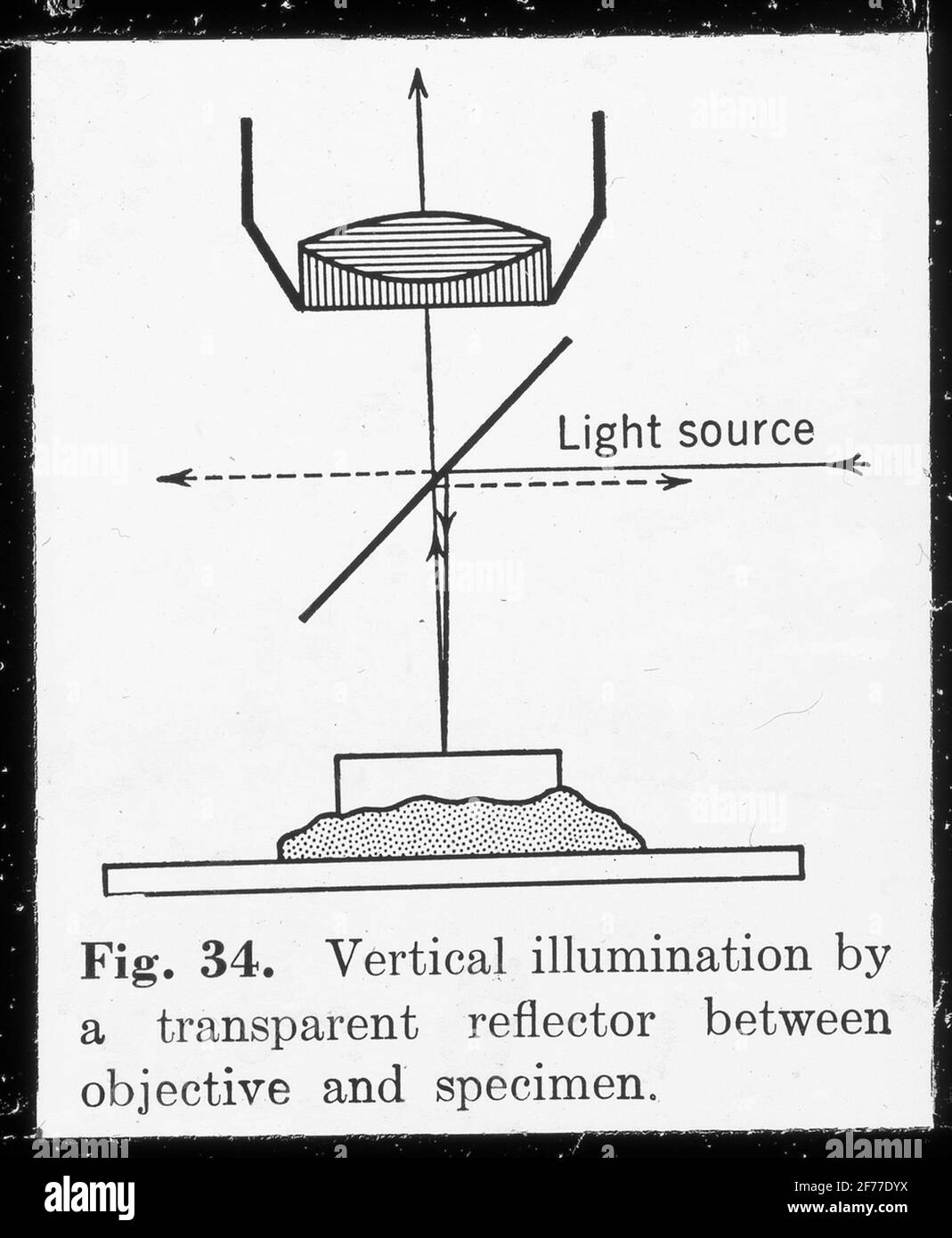 Skiopticon-Bild aus der Abteilung für Fotografie am Royal Institute of Technology. Verwendung durch Professor Helmer Bäckström als Vorlesungsmaterial. Bäckström war von 1948 bis 1958 Schwedens erster Professor für Fotografie am Royal Institute of Technology in Stockholm.Varale Beleuchtung eines transparenten Reflektors zwischen Objektiv und Proben. Stockfoto