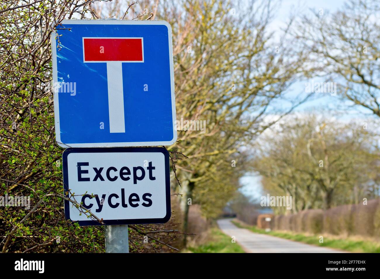 Eine ruhige Landstraße in Angus, Schottland, Großbritannien, mit einem Straßenschild, das darauf hinweist, dass es sich um eine Durchgangsstraße mit Ausnahme von Radfahrern handelt. Stockfoto