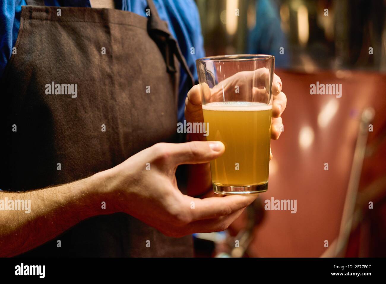 Hände von jungen männlichen Brauer in Schürze halten Glas Frisches Bier nach der Zubereitung, während Sie vor der Kamera stehen In der Werkstatt Stockfoto