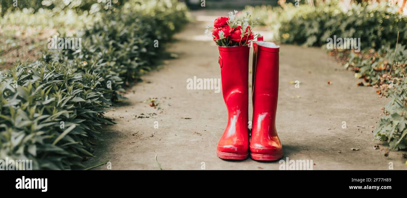 Rote, regnerische Gummistiefel. Breitformat, Kino, Bannerformat. Speicherplatz kopieren Stockfoto