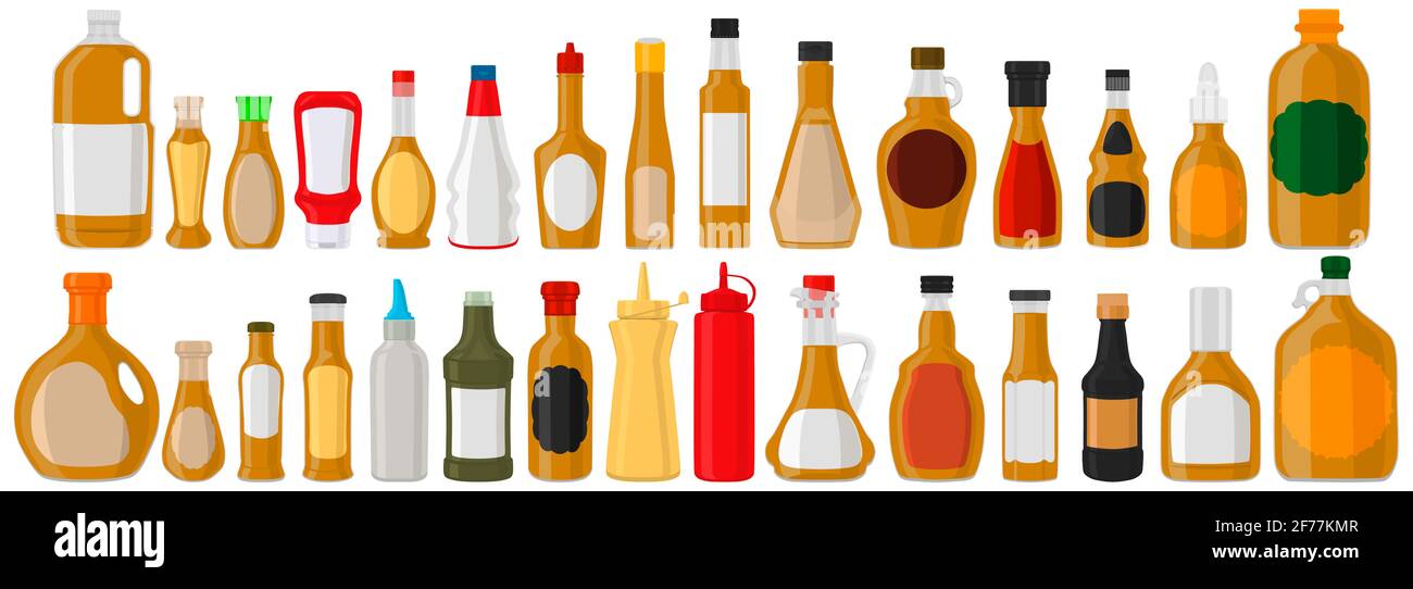 Illustration zum Thema große Kit abwechslungsreiche Glasflaschen gefüllt dicken Sauce Senf. Flaschen aus Soße, Senf, leere Etiketten für Titel. Sauce m Stock Vektor