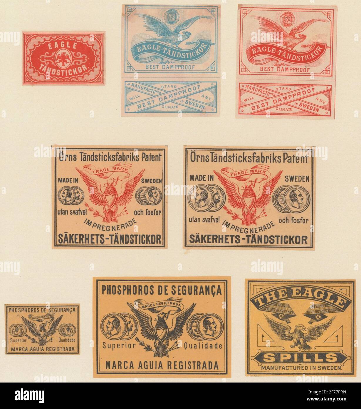 Etiketten für Streichholzschachteln, aus dem schwedischen Industrie- und Handelsmuseum.udavalla - Örebro. (Die Eagle, Eagle Match-Fabrik). Stockfoto
