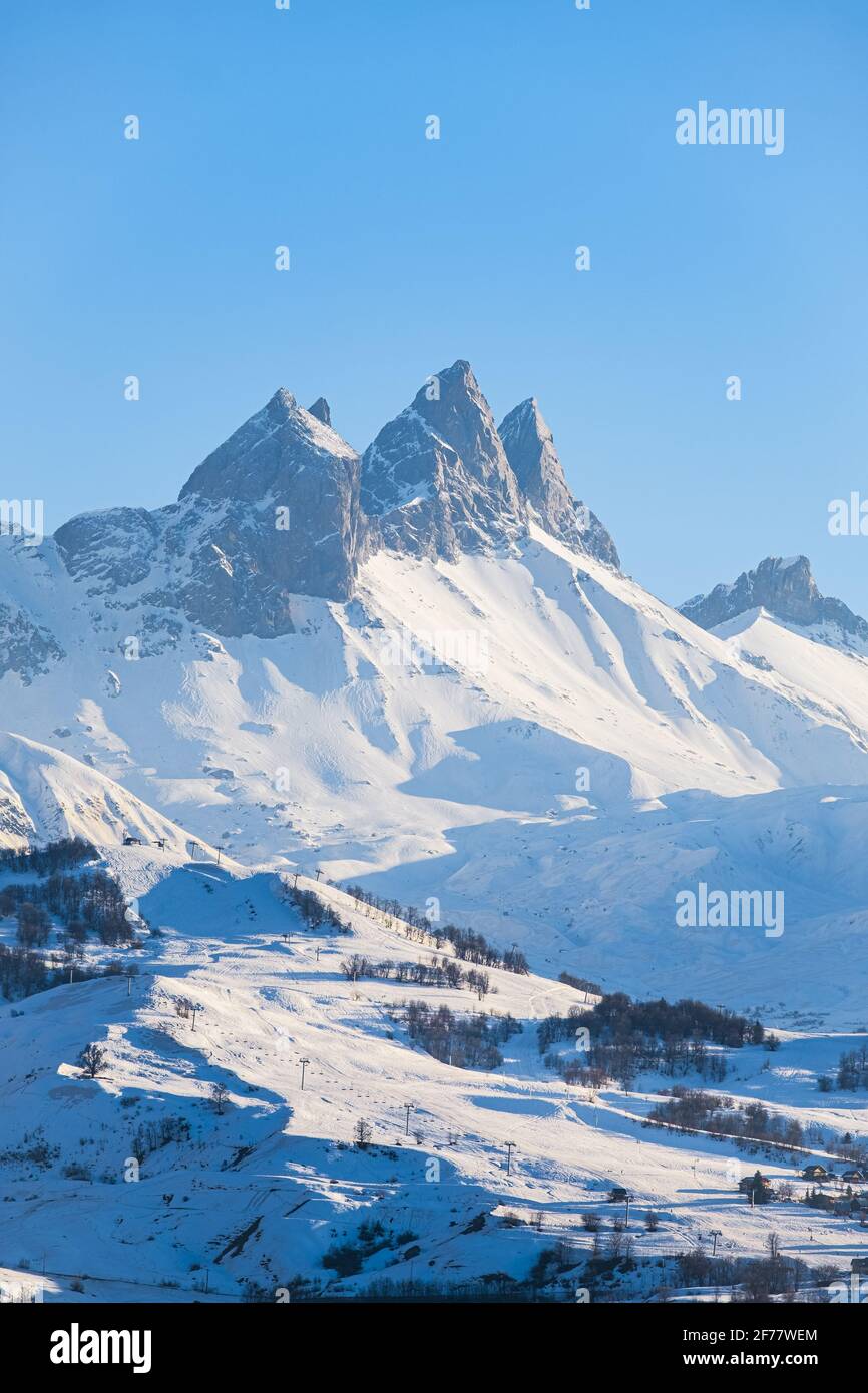 Frankreich, Savoie, Maurienne-Tal, Aiguilles d'Arves von Albiez-le-Jeune aus gesehen Stockfoto