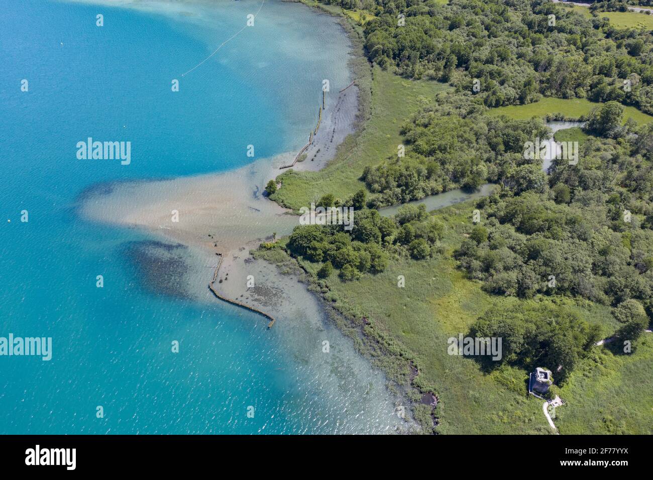 Frankreich, Haute Savoie, Annecy, Lake Annecy, das Ende des in Doussard gelegenen Seereservats, ist eine Natura 2000-Zone, die 1974 klassifiziert wurde und mit einer Fläche von mehr als 80 Hektar von zwei Flüssen, Eau Morte und l'IRE, durchquert wird (Eines der letzten nicht kanalisierten Deltas in Frankreich), die den See Annecy und Delight Beavers füttern (Luftaufnahme) Stockfoto