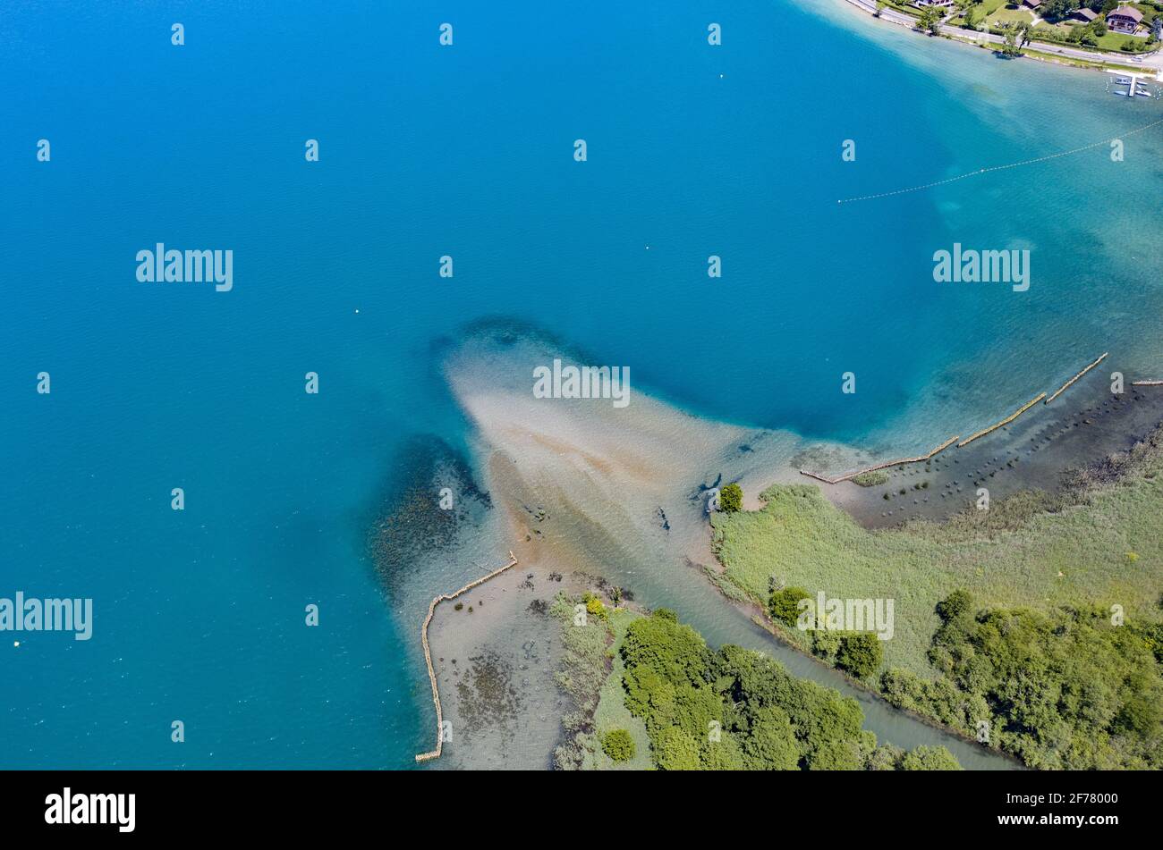 Frankreich, Haute Savoie, Annecy, Lake Annecy, das Ende des in Doussard gelegenen Seereservats, ist eine Natura 2000-Zone, die 1974 klassifiziert wurde und mit einer Fläche von mehr als 80 Hektar von zwei Flüssen, Eau Morte und l'IRE, durchquert wird (Eines der letzten nicht kanalisierten Deltas in Frankreich), die den See Annecy und Delight Beavers füttern (Luftaufnahme) Stockfoto