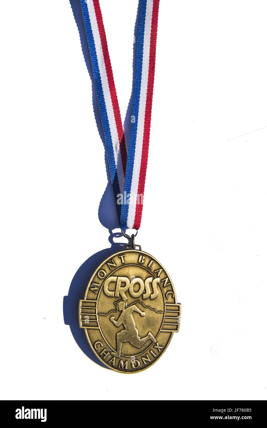 Frankreich, Haute Savoie (74), Mont Blanc-Massiv, Chamonix mont Blanc, Medaille an die Teilnehmer des Cross du Mont Blanc Stockfoto