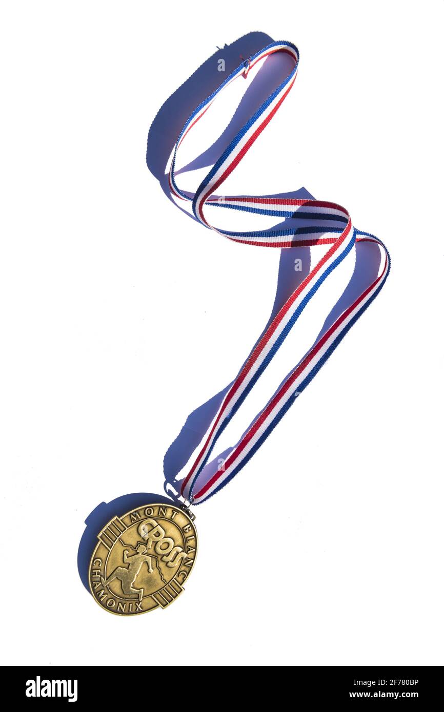 Frankreich, Haute Savoie (74), Mont Blanc-Massiv, Chamonix mont Blanc, Medaille an die Teilnehmer des Cross du Mont Blanc Stockfoto