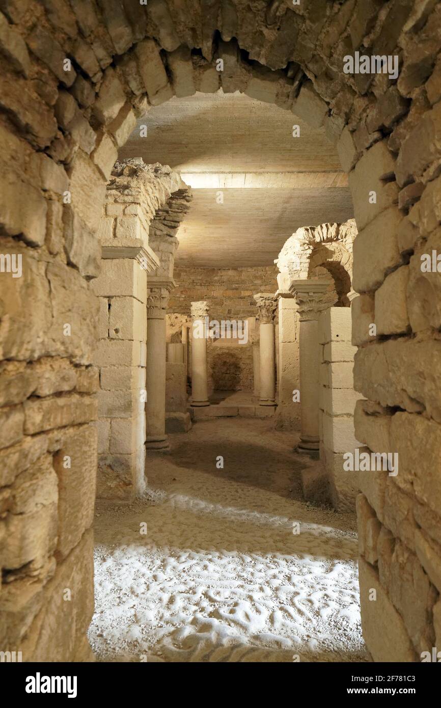 Frankreich, Côte d'Or, Flavigny sur Ozerain, bezeichneten die schönsten Dörfer Frankreichs (die schönsten Dörfer Frankreichs), die karolingische Krypta der ehemaligen Benediktinerabtei, in der sich die Fabrik von Anis de Flavigny befindet Stockfoto